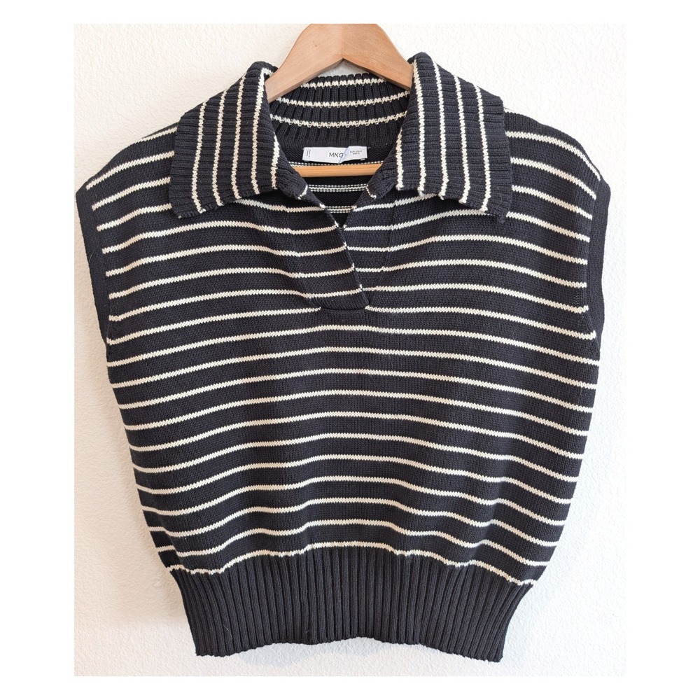 Mango MNG Womens Black Cream Striped Cotton Knit Sweater Vest Polo Collar Large